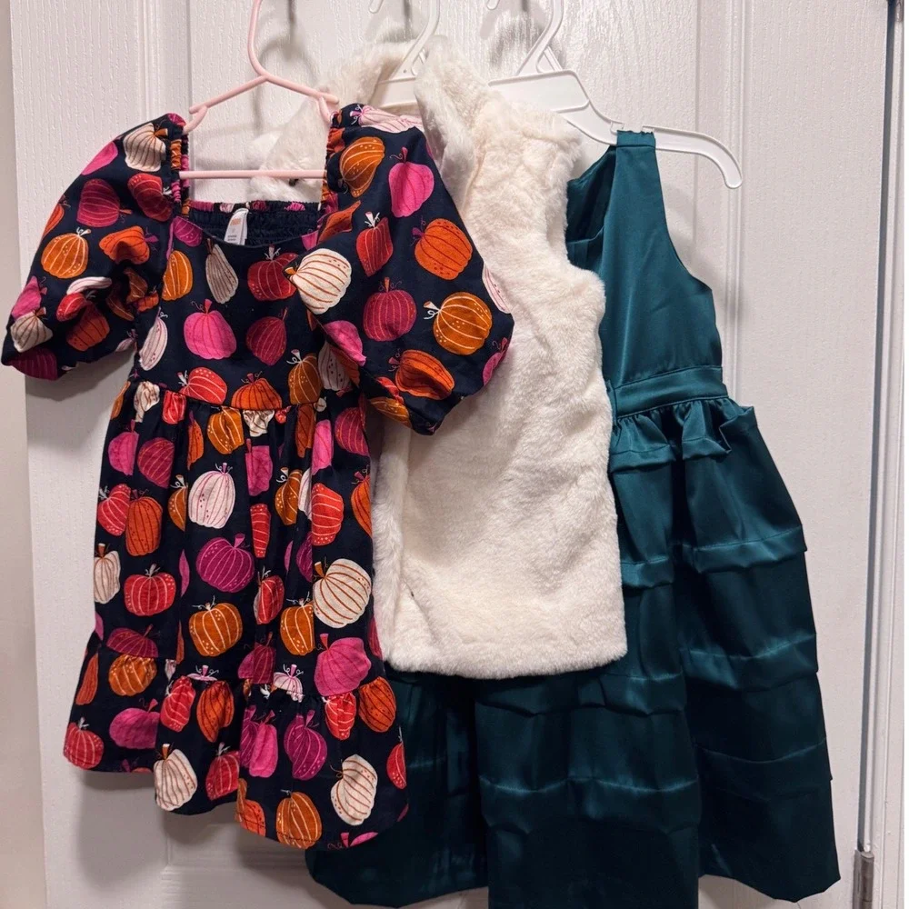 Gymboree Toddler Girls 3T Dress Lot Hanna Andersson Faux Fur Vest Pumpkin Satin
